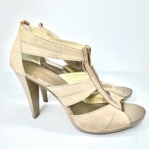 Michael Kors Berkley T-Strap Sandals Tan Suede Size 9.5 M High Heel Zip